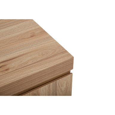 Light-colored wooden cabinet corner with natural grain finish on the oakton media unit for stylish storage