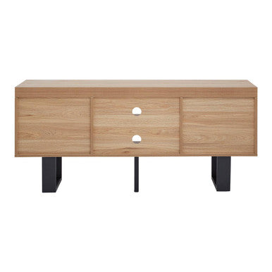Light oak wood oakton media unit with three drawers and black metal legs perfect for media storage