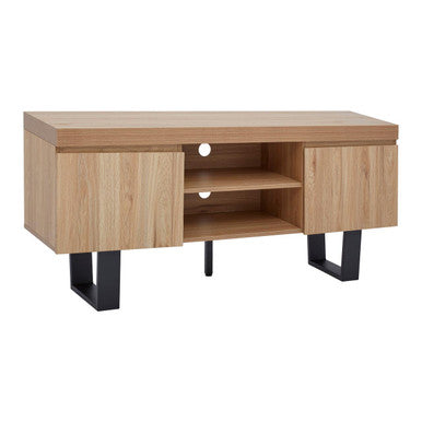 Light oak wood tv stand with black metal legs and central open shelf in the oakton media unit design