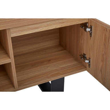 Oakton media unit with light wood finish, black metal legs, and visible silver hinges perfect for media storage