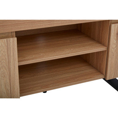 Light wood finish oakton media unit with two open shelves and sleek minimalist design for media storage