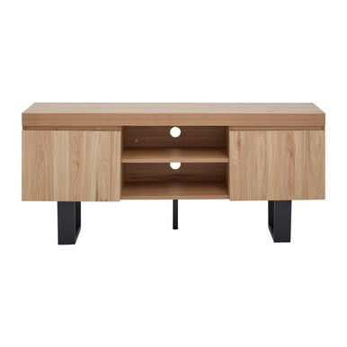 Modern oakton media unit with oak-finish, black metal legs, and open shelving for stylish media storage