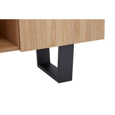Modern oakton media unit with oak finish and sleek black metal u-shaped legs for stylish media storage