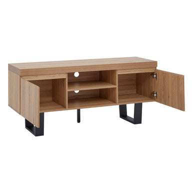 Modern oakton media unit with oak finish black metal legs and open shelving for stylish media storage