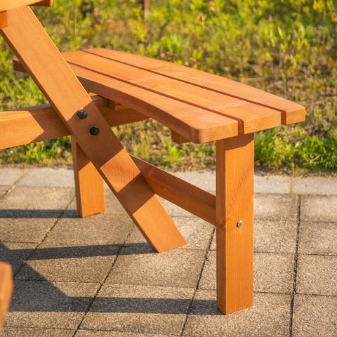 Outsunny 6 Seater Wooden Picnic Table and Garden Benches Set, Round Garden Dining Set with 3 Benches and Umbrella Hole Outdoor Garden Park, Brownish Red