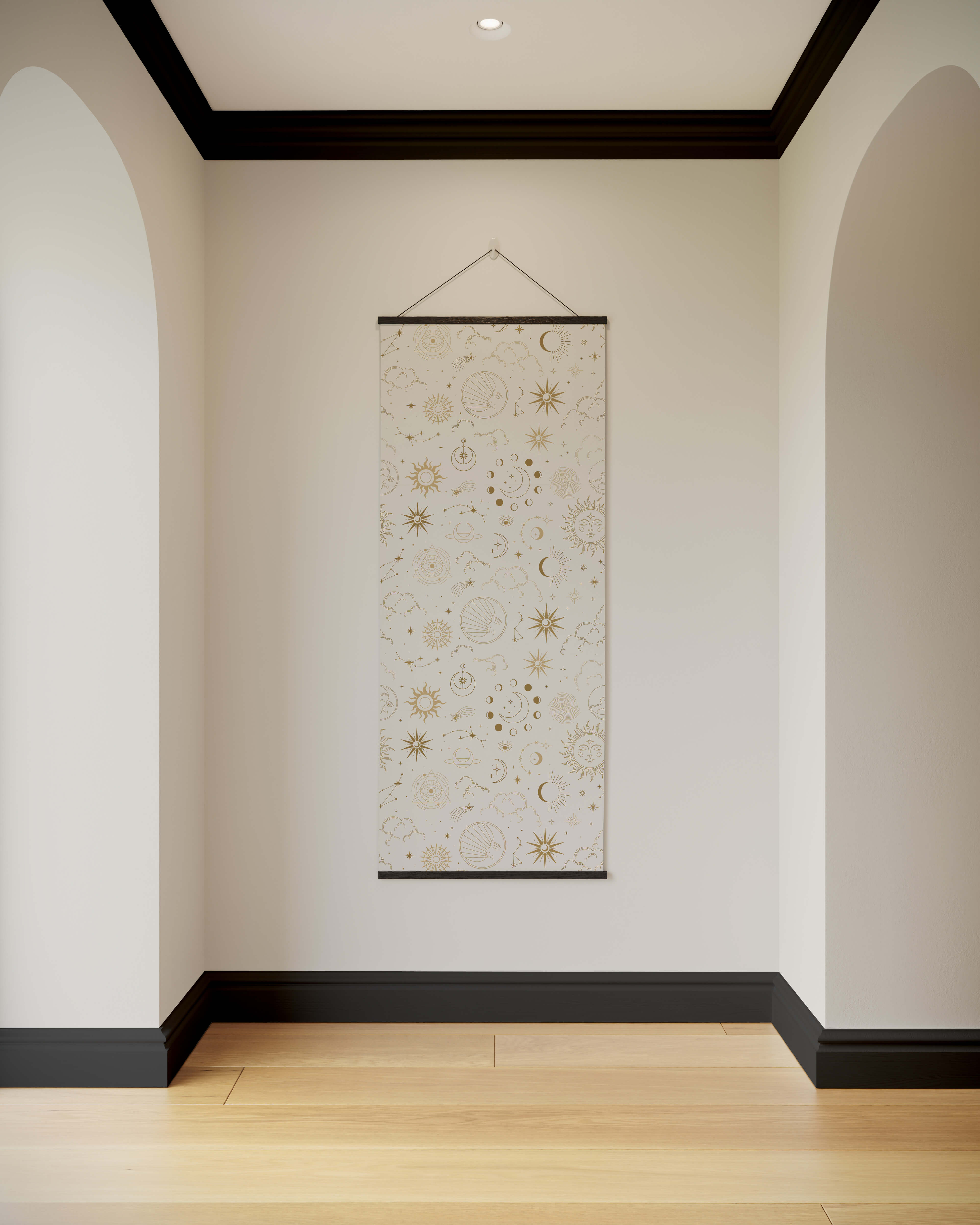 A cream-colored occult pattern tapestry featuring delicate gold and silver celestial suns moons and stars design