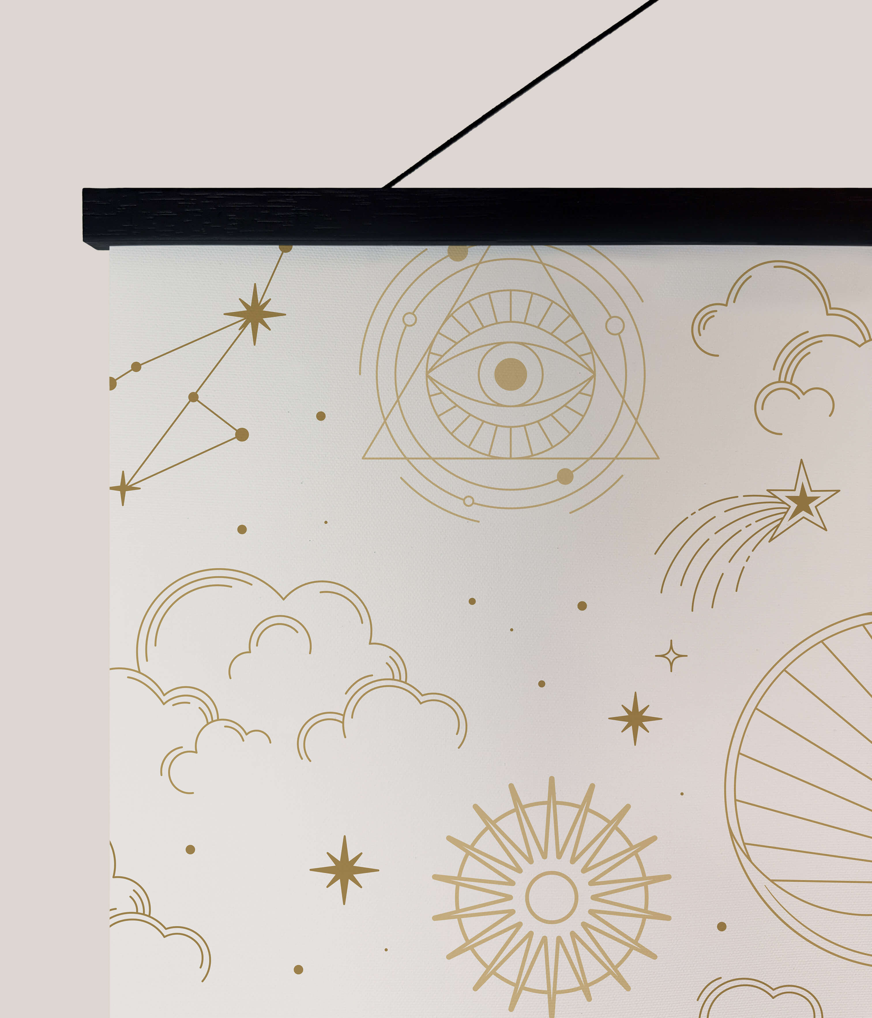 A minimalist occult pattern tapestry with gold celestial line art on a cream background for wall hanging