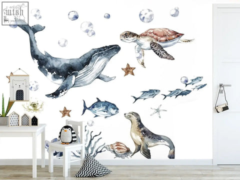 Watercolor ocean animals wall decal set with whale turtle fish seal in blue gray brown for kids nursery decor