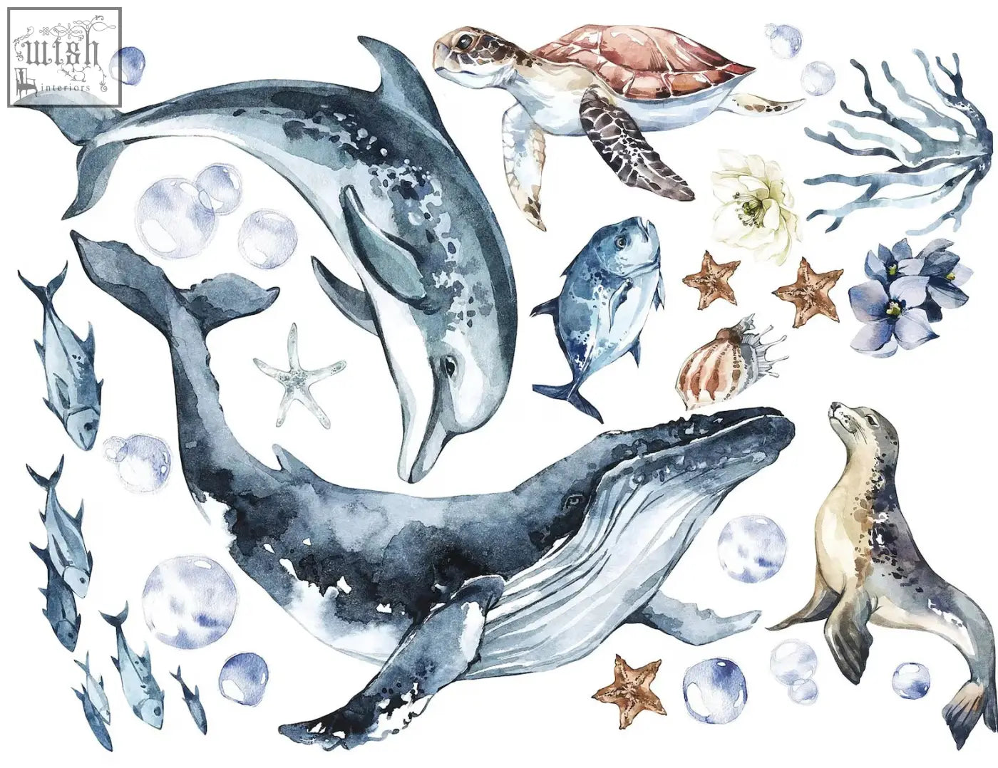 Watercolor ocean animals wall decal featuring gray and white dolphin with whales turtles fish coral for kids nursery