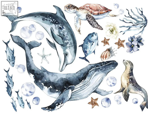 Watercolor ocean animals wall decal featuring gray and white dolphin with whales turtles fish coral for kids nursery