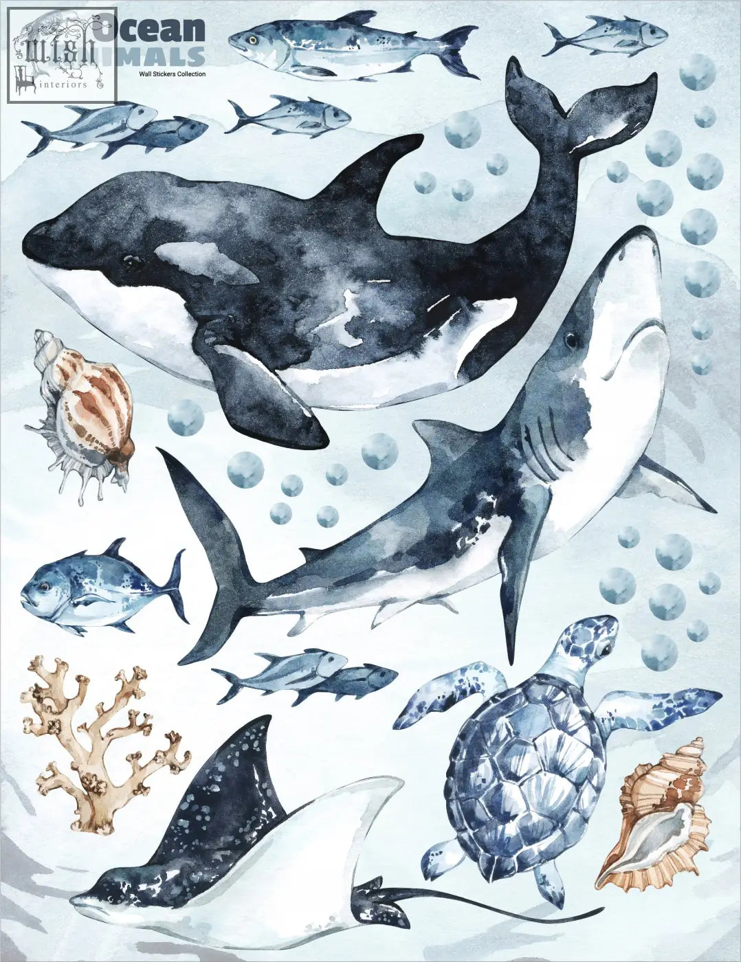 Watercolor ocean predator wall stickers featuring great white shark orca turtle in blue gray and white tones