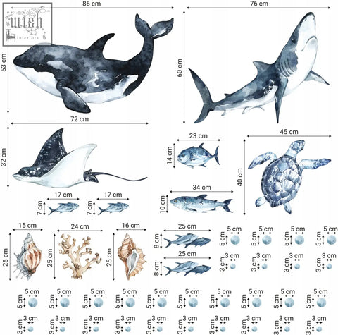 Watercolor ocean predators decal set with great white shark orca manta ray turtle and fish in blue and gray tones