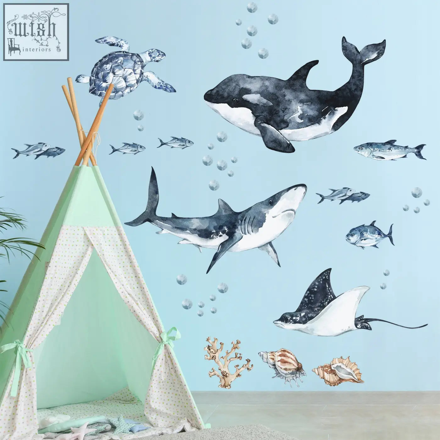 Watercolor ocean predator wall decals featuring orcas great white shark stingrays and turtles in black white gray and blue