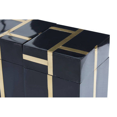 Odell black and gold set of 3 jars with tray featuring black lacquered box with gold geometric stripes in glossy black resin