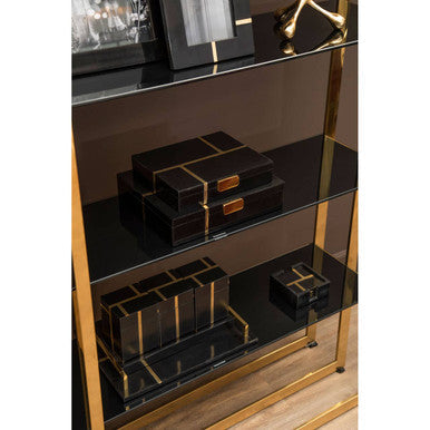 Odell black and gold set of 3 jars with tray in glossy black resin and gold trim with leather accents on glass shelves