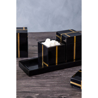 Odell black and gold set of 3 jars with tray in glossy black resin and gold trim on a matching black tray