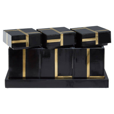 Odell black and gold set of 3 jars with tray in glossy black resin featuring gold metallic stripes on tiered base