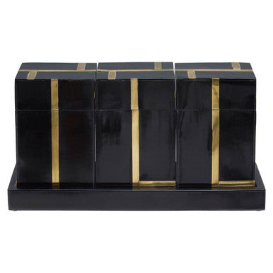 Odell black and gold set of 3 jars with tray featuring glossy black resin and gold set vertical stripes on matching base