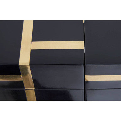 Odell black and gold set of 3 jars with tray featuring glossy black resin boxes with gold metallic stripes