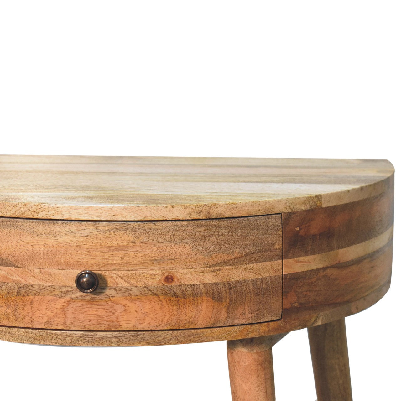 A rustic half-moon shaped odyssey oak-ish console table with natural wood finish and single drawer with dark knob