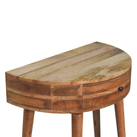 Rustic half-moon shaped odyssey oak-ish console table with single drawer and natural wood grain finish