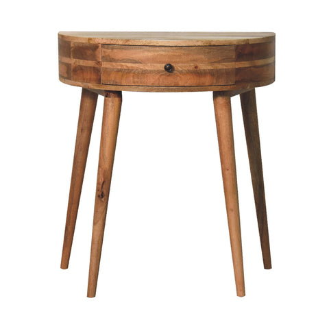 Rustic round wooden odyssey oak-ish console table with single drawer and tapered legs for stylish side storage