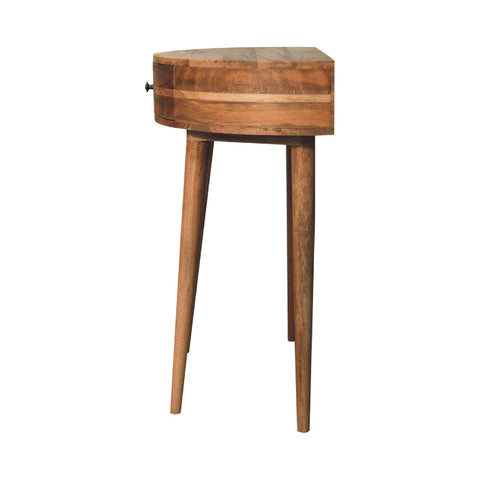 Odyssey oak-ish console table rustic wooden corner table with single drawer and tapered legs in oak finish