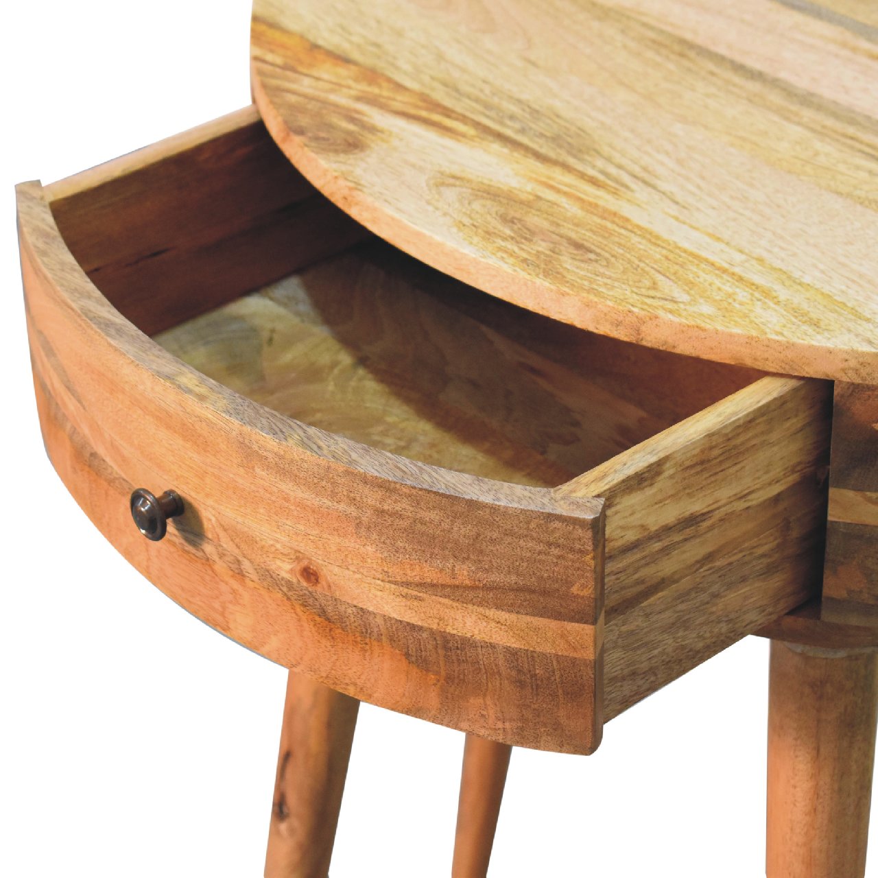 Odyssey oakish console table rustic wooden side table with curved drawer and natural wood grain finish