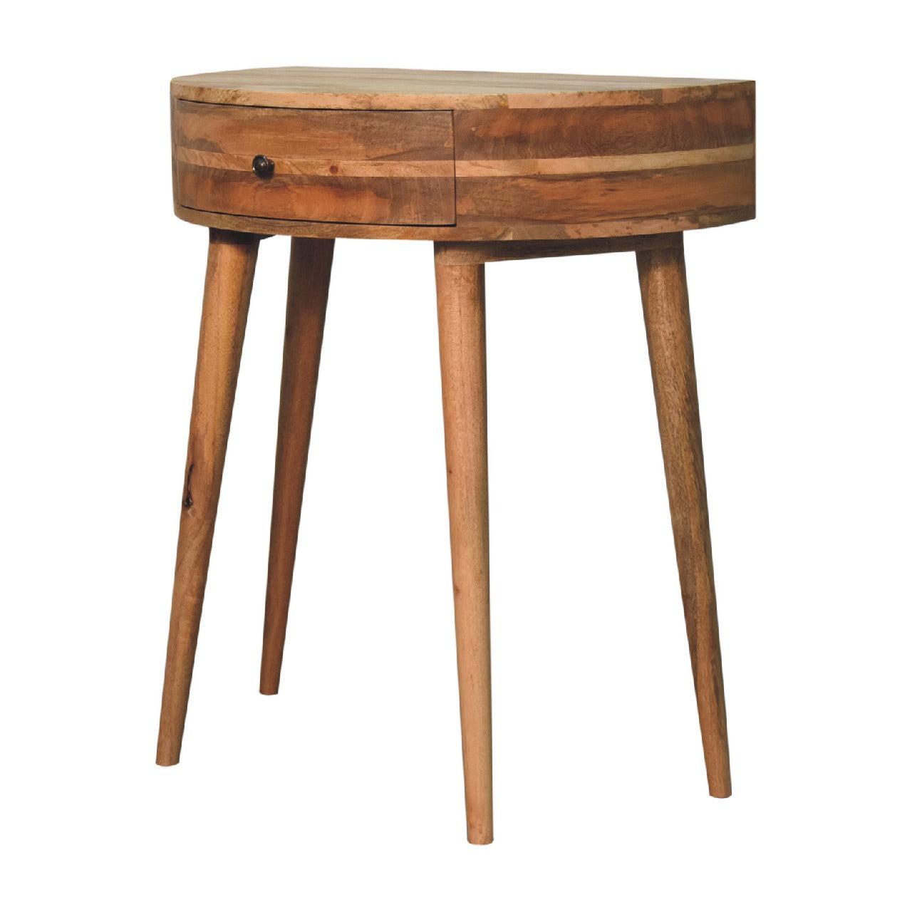 Rustic oak-ish odyssey console table with round top, single drawer with black knob, and tapered wooden legs