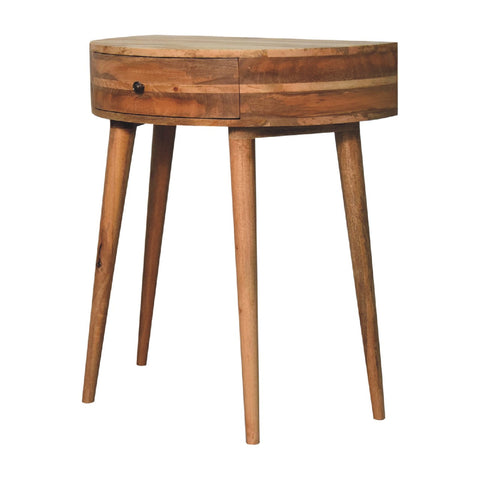 Rustic oak-ish odyssey console table with round top, single drawer with black knob, and tapered wooden legs