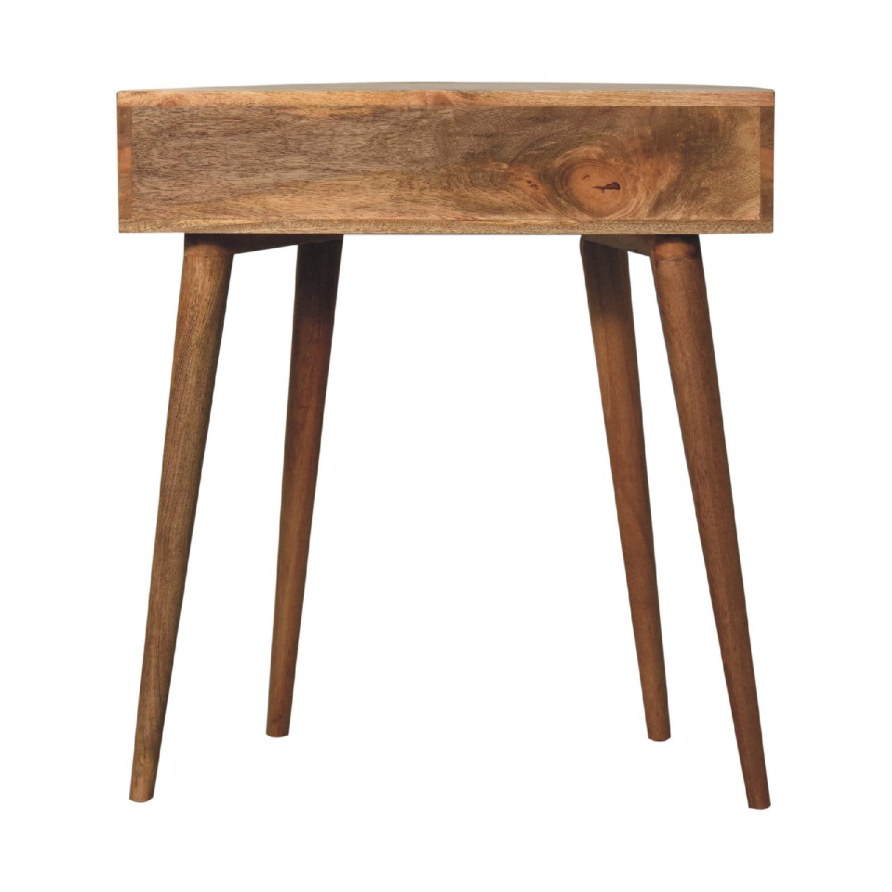 Odyssey oak-ish console table rustic wooden side table with single drawer tapered legs and warm brown tones