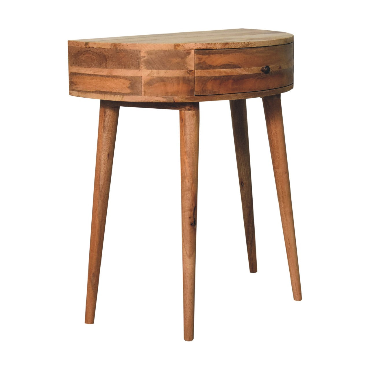 Odyssey oak-ish console table a rustic wooden side table with a single drawer and tapered legs
