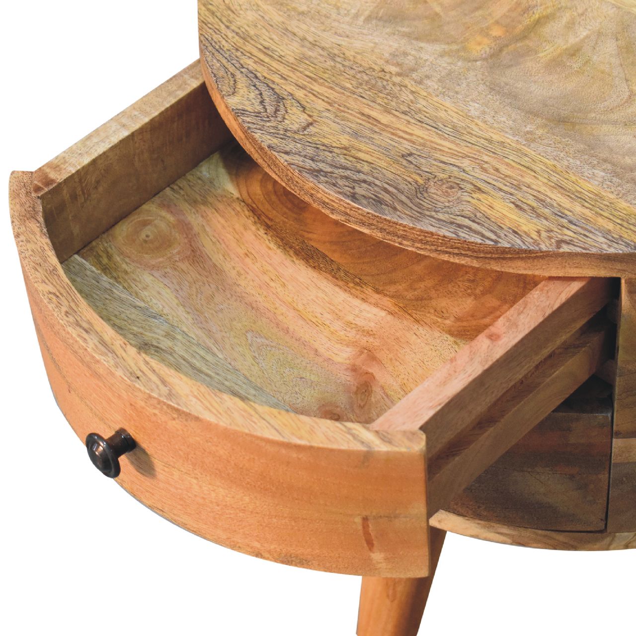 Curved mango wood odyssey oak-ish tripod bedside table with natural finish and open drawer with black metal knob