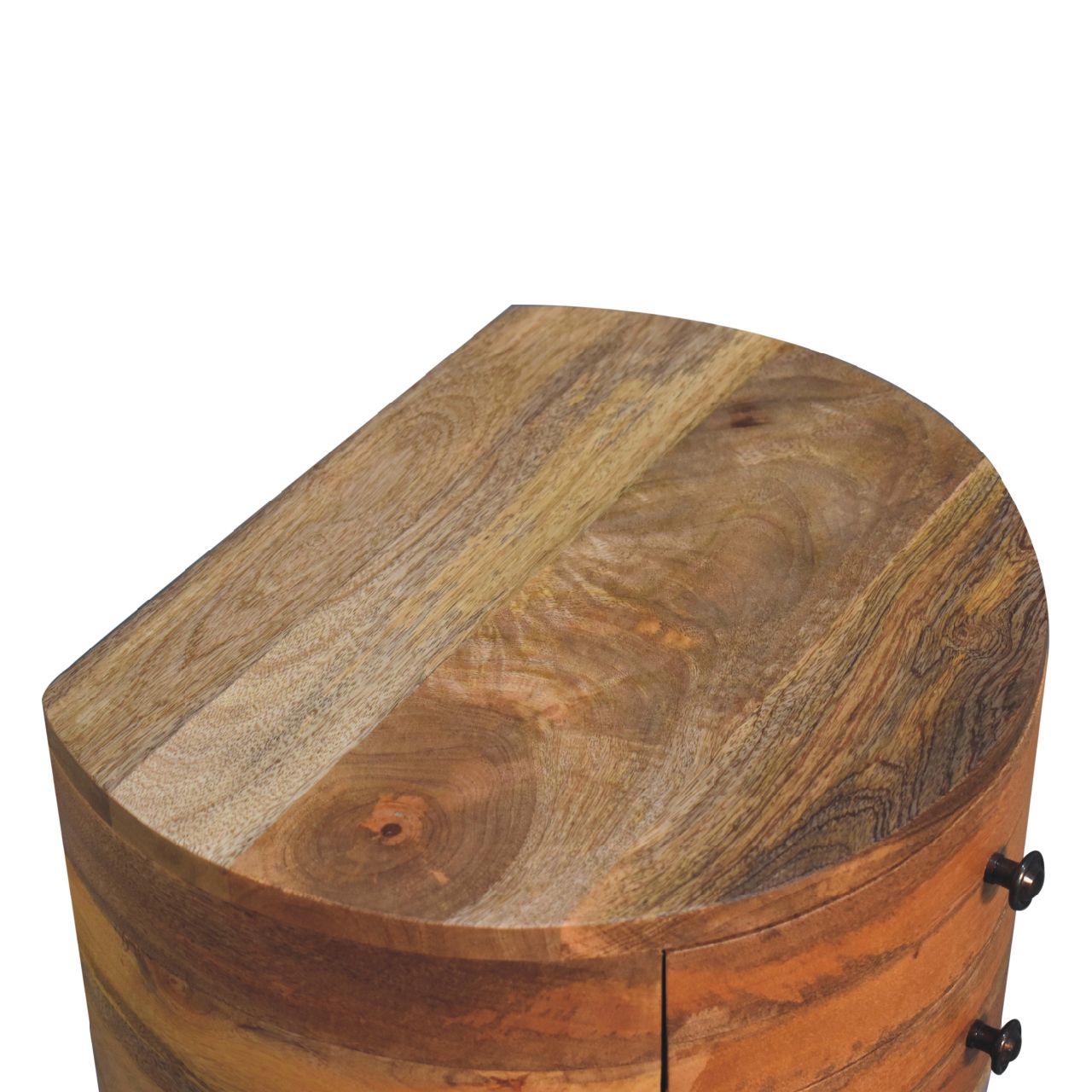 Rustic half-moon shaped bedside table with warm mango wood finish and dark metal knobs from odyssey oak-ish tripod collection