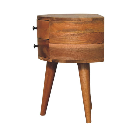 Odyssey oak-ish tripod bedside table in warm honey mango wood with two drawers and tapered legs