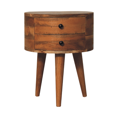 A rustic odyssey oak-ish tripod bedside table with two drawers, tapered legs, warm brown mango wood finish
