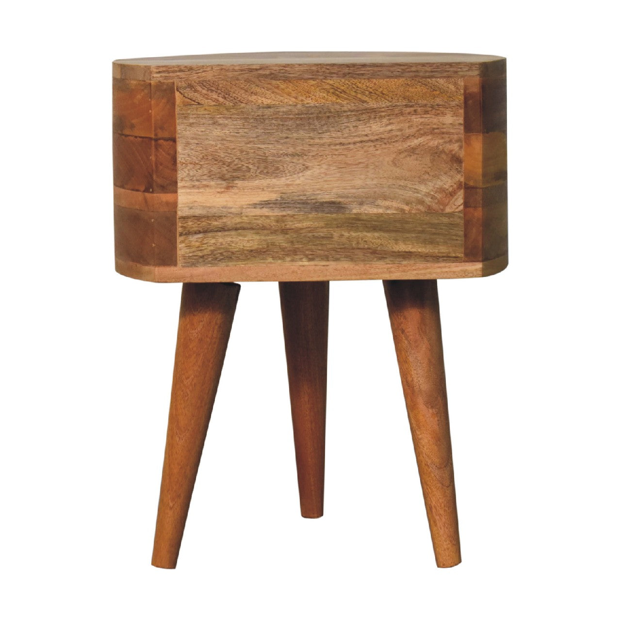 Rustic odyssey oak-ish tripod bedside table made of mango wood with rectangular top and three tapered legs showing wood grain
