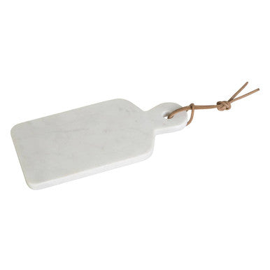 Off white marble small rectangular paddle board with natural wood handle and twine tie by kindia