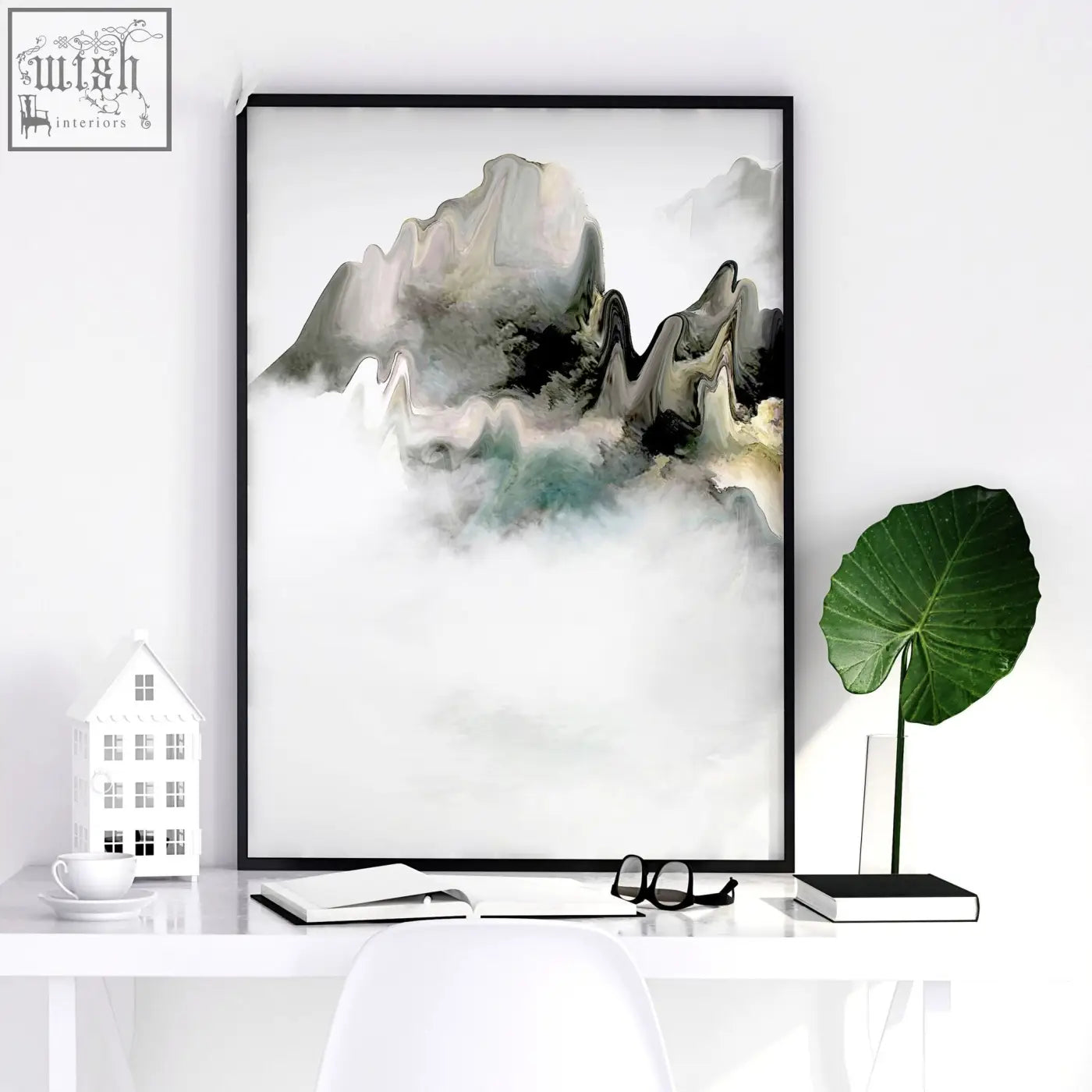 Black-framed abstract mountain wall art print with misty grayscale peaks and teal accents perfect for office decor ideas