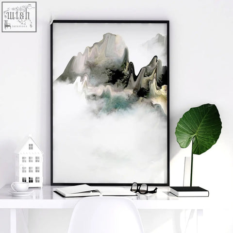 Black-framed abstract mountain wall art print with misty grayscale peaks and teal accents perfect for office decor ideas
