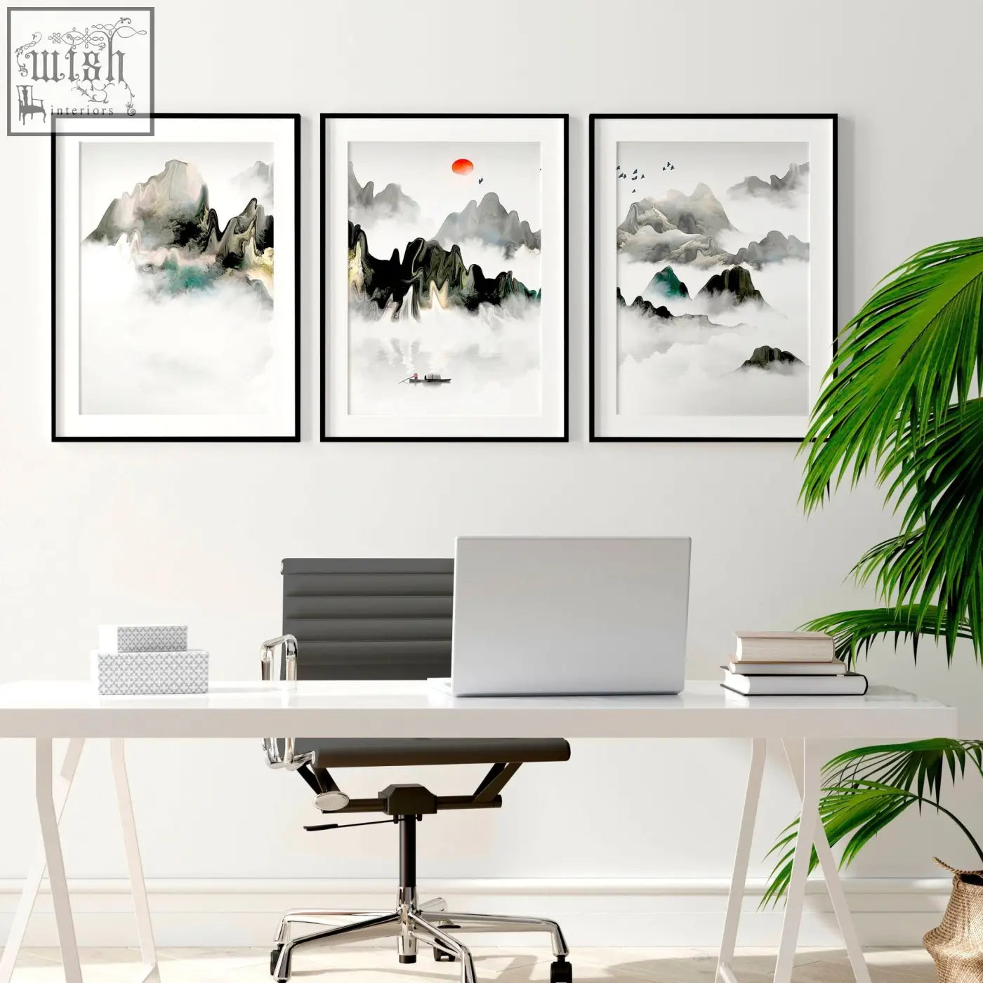Three framed black and white ink wash mountain wall art prints with teal and gold accents perfect for office decor ideas