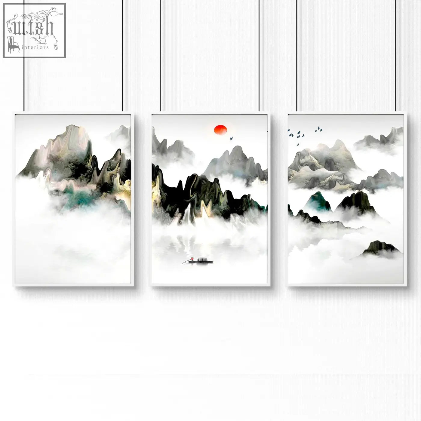 Three-panel minimalist ink wash mountain landscape wall art prints with misty peaks red sun and small boat for office decor