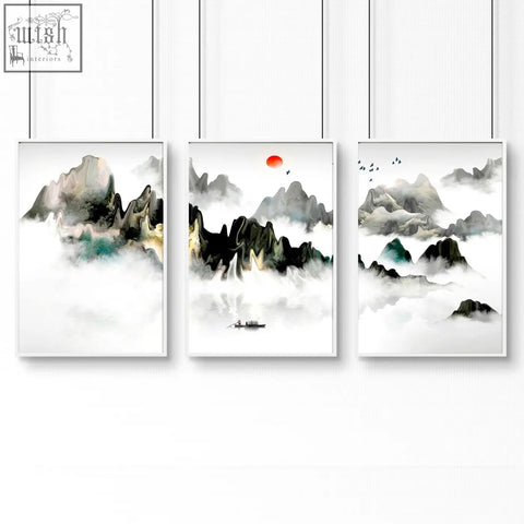 Three-panel minimalist ink wash mountain landscape wall art prints with misty peaks red sun and small boat for office decor