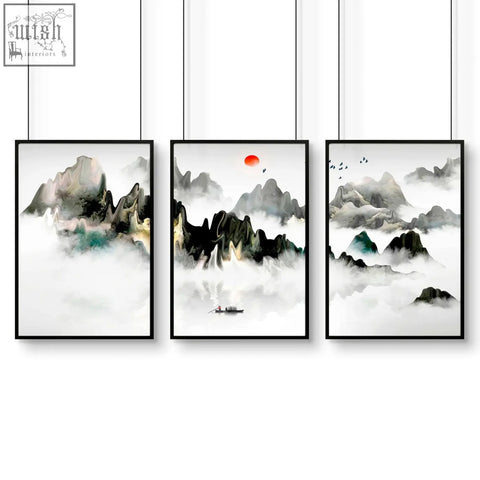 Three-panel minimalist ink wash mountain wall art prints in black frames perfect for office decor ideas