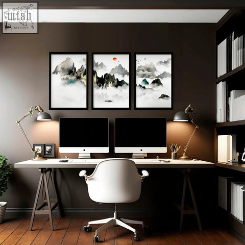 White ergonomic office chair with five-star base and casters paired with wall art prints for office decor ideas