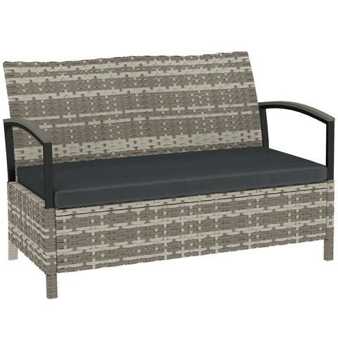 Outsunny 125L Garden Storage Bench, 2 Seater PE Rattan Outdoor Bench Storage Box with Padded Cushion, Dark Grey