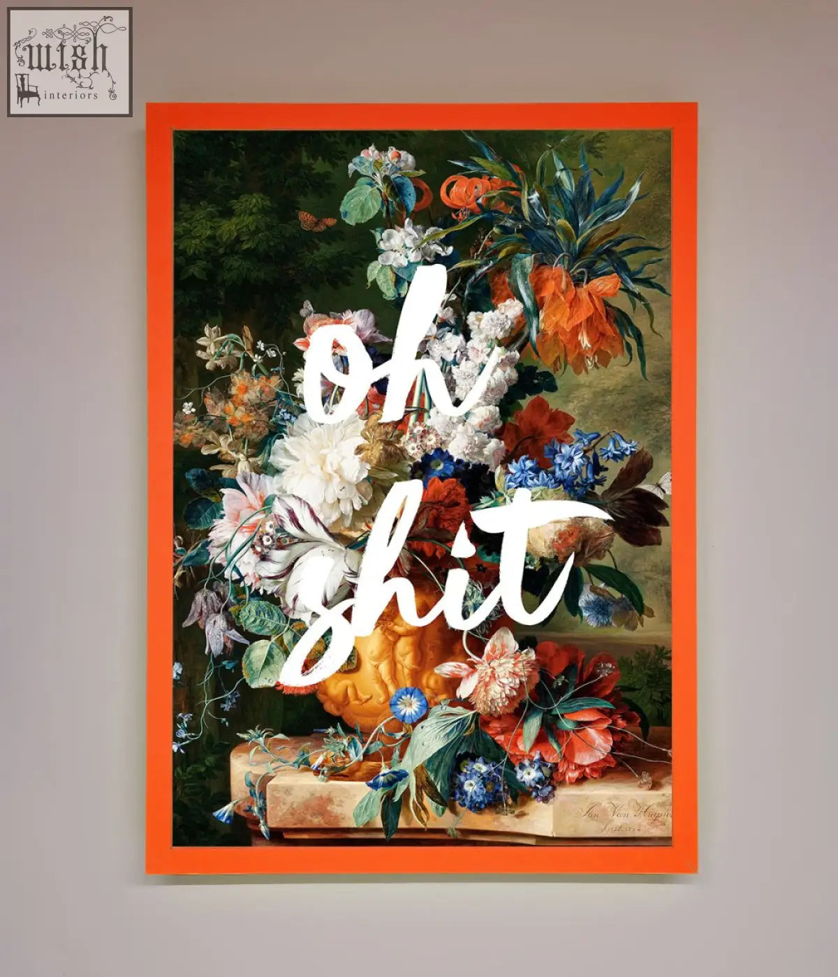 Vibrant orange framed quote framed poster with colorful floral still life and bold white cursive text design