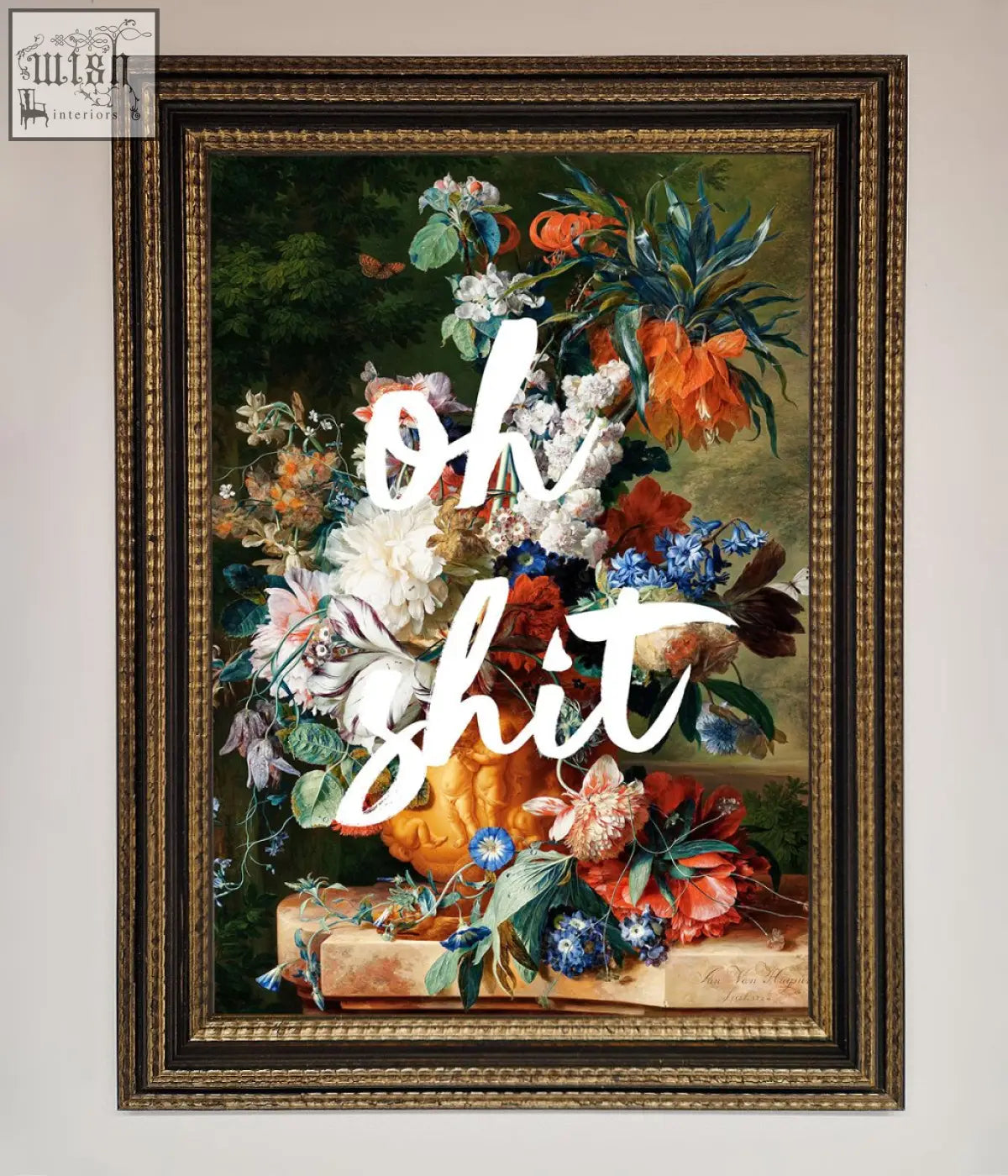 A framed floral still life quote framed poster with vibrant red orange white and blue flowers over a pumpkin in a gold frame
