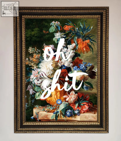 A framed floral still life quote framed poster with vibrant red orange white and blue flowers over a pumpkin in a gold frame