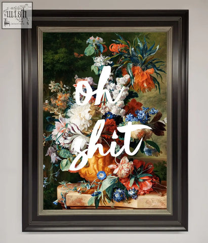 A vibrant still life floral quote framed poster with bold white text on dark background perfect for wall decor